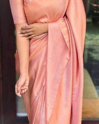 Peach silk blend banarasi saree with unstitched blouse piece 4