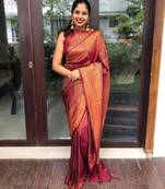 Red silk blend banarasi saree with unstitched blouse piece