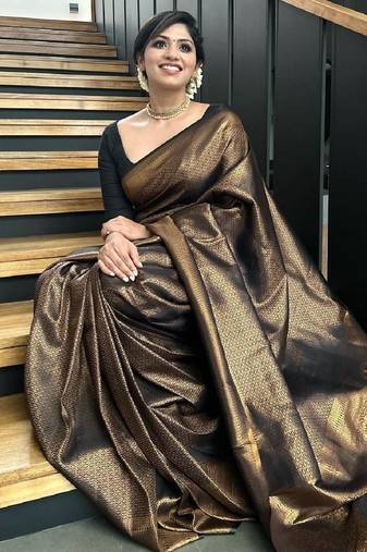 Black soft silk blend banarasi jacuard work designer party wear saree with unstitched blouse piece