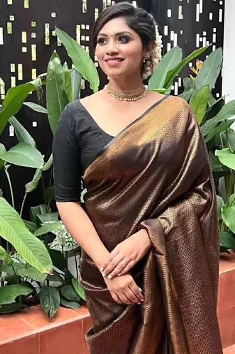 Black silk blend banarasi saree with unstitched blouse piece