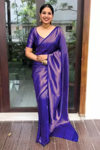 Blue soft silk blend banarasi jacuard work designer party wear saree with unstitched blouse piece