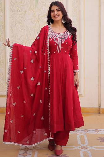 Lovable Red Bead Work Chanderi Engagement Wear Anarkali Pant Suit