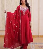 Lovable Red Bead Work Chanderi Engagement Wear Anarkali Pant Suit