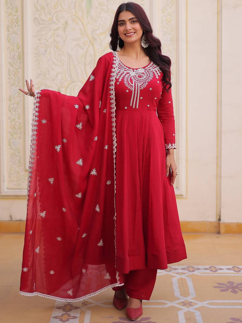 Lovable Red Bead Work Chanderi Engagement Wear Anarkali Pant Suit