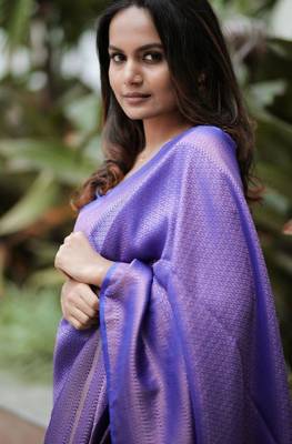 Blue silk blend banarasi saree with unstitched blouse piece 1