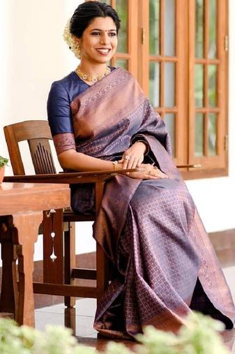 Blue soft silk blend banarasi jacuard work designer party wear saree with unstitched blouse piece