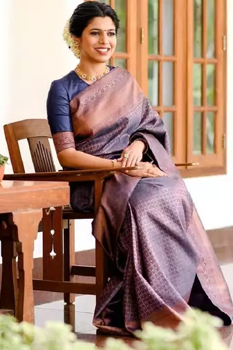 Blue soft silk blend banarasi jacuard work designer party wear saree with unstitched blouse piece