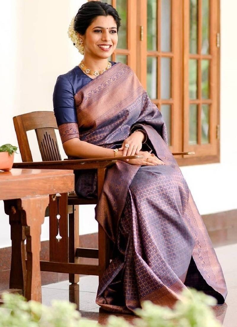 Blue soft silk blend banarasi jacuard work designer party wear saree with unstitched blouse piece