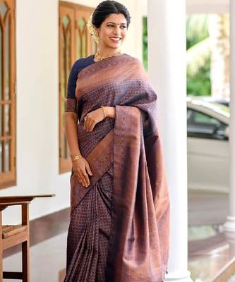 Blue silk blend banarasi saree with unstitched blouse piece 2