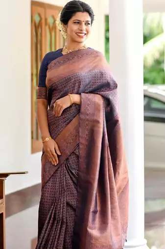 Blue silk blend banarasi saree with unstitched blouse piece