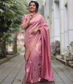 Baby pink silk blend banarasi saree with unstitched blouse piece