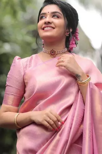Baby pink silk blend banarasi saree with unstitched blouse piece