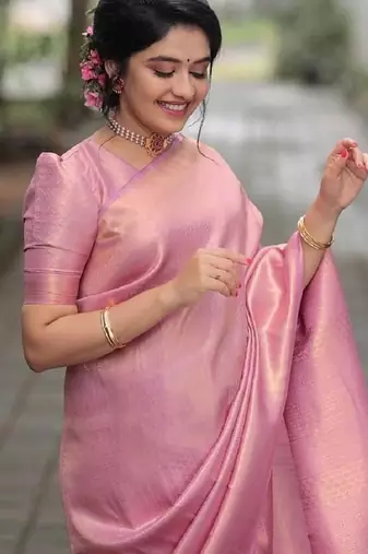 Baby pink silk blend banarasi saree with unstitched blouse piece
