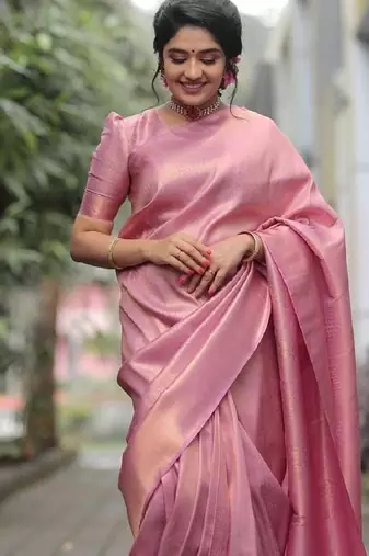 Baby pink silk blend banarasi saree with unstitched blouse piece