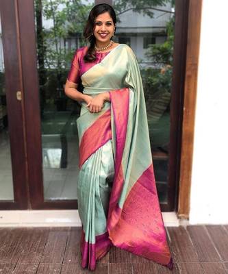 Sky blue pink silk blend banarasi saree with unstitched blouse piece 1