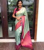 Sky blue pink silk blend banarasi saree with unstitched blouse piece