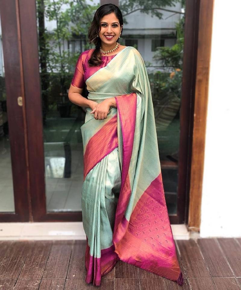 Sky blue pink soft silk blend banarasi jacuard work designer party wear saree with unstitched blouse piece