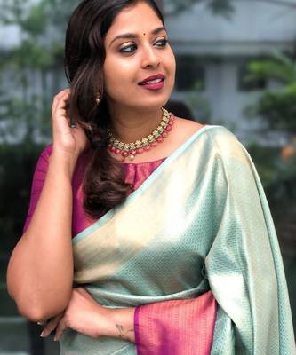 Sky blue pink silk blend banarasi saree with unstitched blouse piece 3