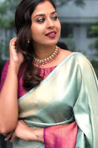 Sky blue pink silk blend banarasi saree with unstitched blouse piece
