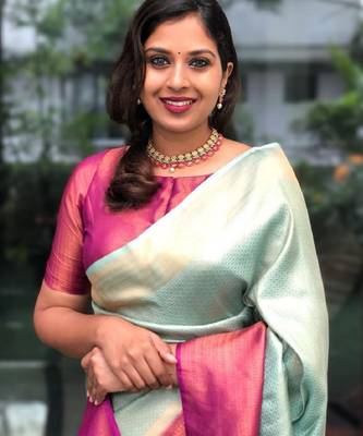 Sky blue pink silk blend banarasi saree with unstitched blouse piece 4