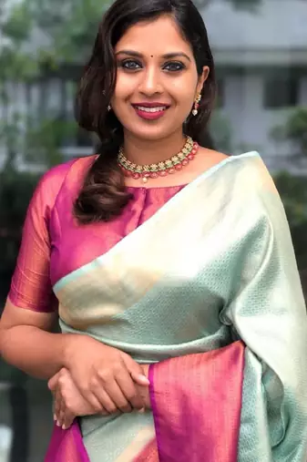 Sky blue pink silk blend banarasi saree with unstitched blouse piece