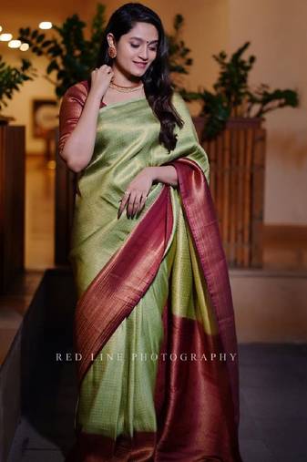 Light green maroon soft silk blend banarasi jacuard work designer party wear saree with unstitched blouse piece