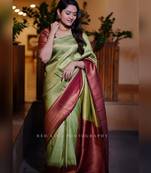 Light green maroon silk blend banarasi saree with unstitched blouse piece