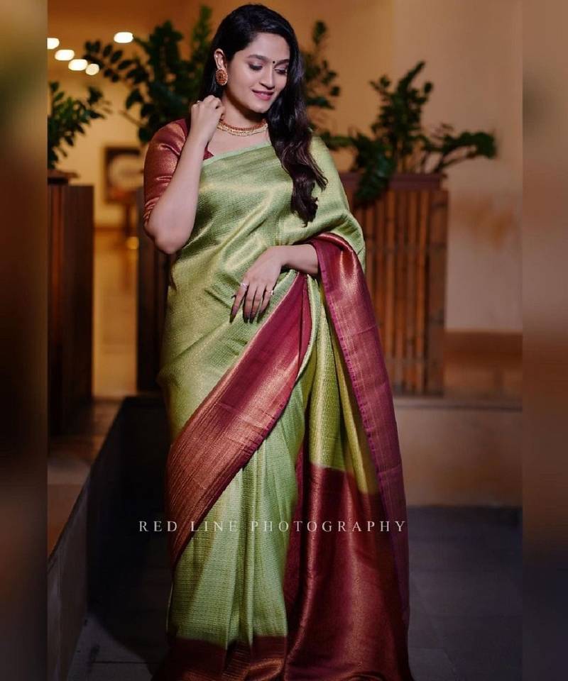 Light green maroon soft silk blend banarasi jacuard work designer party wear saree with unstitched blouse piece