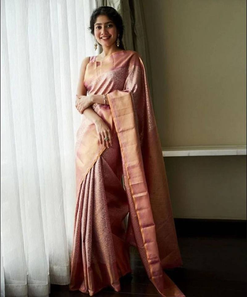 Baby pink soft silk blend banarasi jacuard work designer party wear saree with unstitched blouse piece