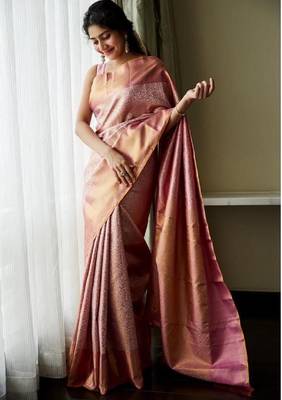 Baby pink silk blend banarasi saree with unstitched blouse piece 3