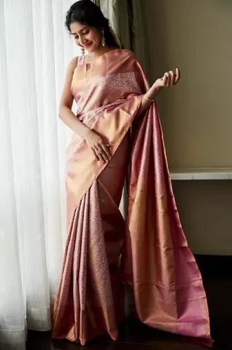 Baby pink silk blend banarasi saree with unstitched blouse piece