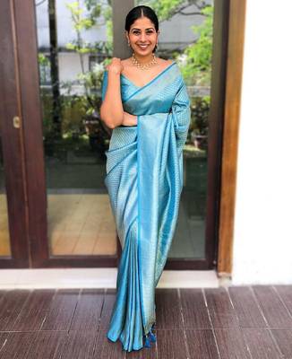 Sky blue silk blend banarasi saree with unstitched blouse piece 1