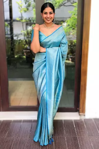 Sky blue soft silk blend banarasi jacuard work designer party wear saree with unstitched blouse piece