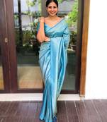 Sky blue silk blend banarasi saree with unstitched blouse piece