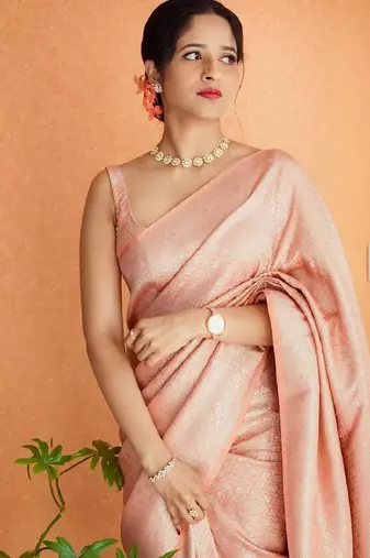 Peach soft silk blend banarasi jacuard work designer party wear saree with unstitched blouse piece