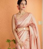 Peach silk blend banarasi saree with unstitched blouse piece