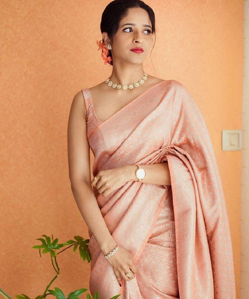 Peach soft silk blend banarasi jacuard work designer party wear saree with unstitched blouse piece