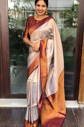 Off white maroon soft silk blend banarasi jacuard work designer party wear saree with unstitched blouse piece