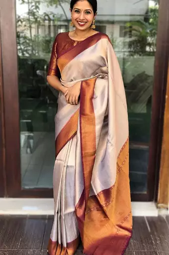 Off white maroon soft silk blend banarasi jacuard work designer party wear saree with unstitched blouse piece