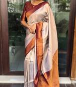 Off white maroon soft silk blend banarasi jacuard work designer party wear saree with unstitched blouse piece
