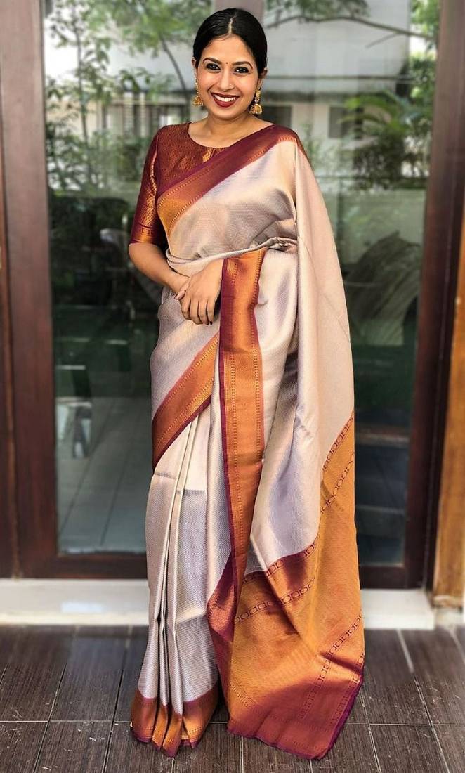 Off white maroon soft silk blend banarasi jacuard work designer party wear saree with unstitched blouse piece