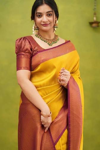 Yellow maroon soft silk blend banarasi jacuard work designer party wear saree with unstitched blouse piece