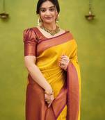 Yellow maroon silk blend banarasi saree with unstitched blouse piece