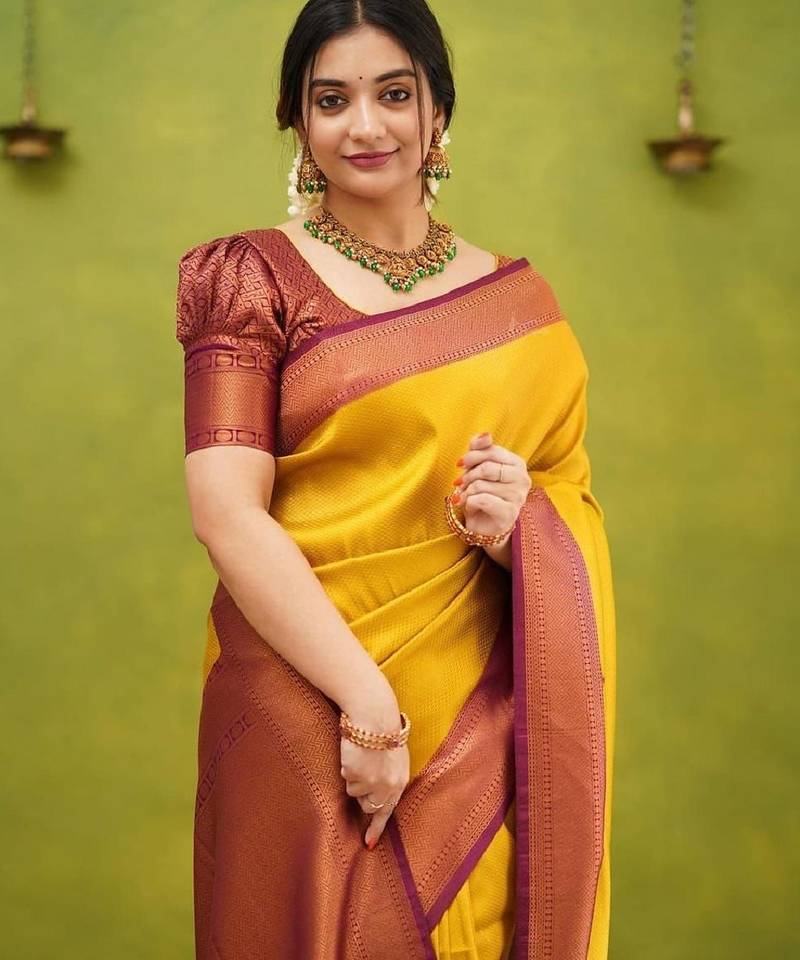 Yellow maroon soft silk blend banarasi jacuard work designer party wear saree with unstitched blouse piece