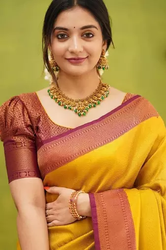 Yellow maroon silk blend banarasi saree with unstitched blouse piece