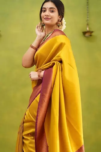 Yellow maroon silk blend banarasi saree with unstitched blouse piece
