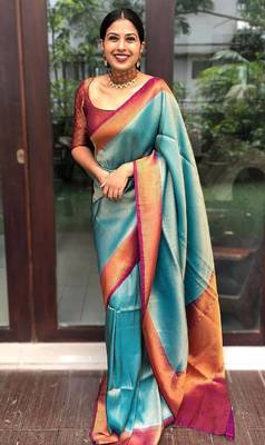 Turquoise maroon silk blend banarasi saree with unstitched blouse piece 1
