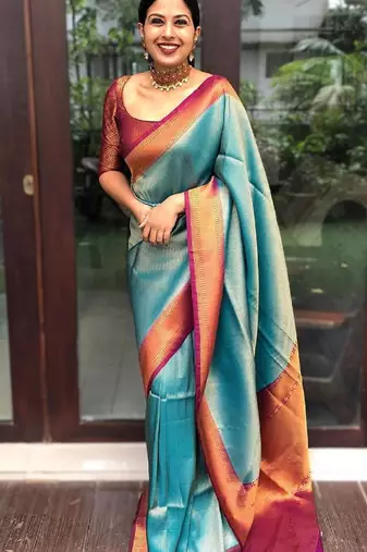 Turquoise maroon soft silk blend banarasi jacuard work designer party wear saree with unstitched blouse piece