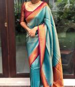 Turquoise maroon silk blend banarasi saree with unstitched blouse piece