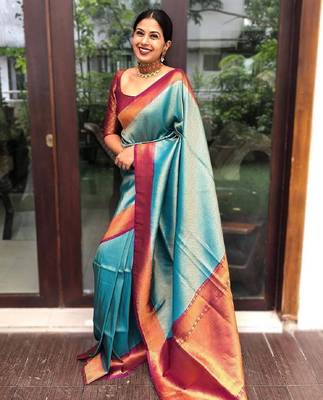 Turquoise maroon silk blend banarasi saree with unstitched blouse piece 3